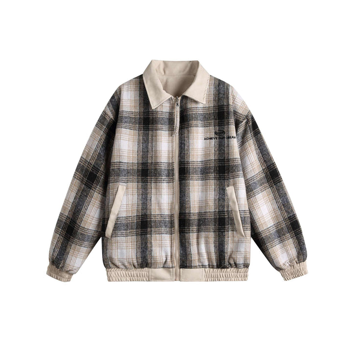 Women's short cut boxy jacket in suede look with checked collar and elastic hem Mune Fashion