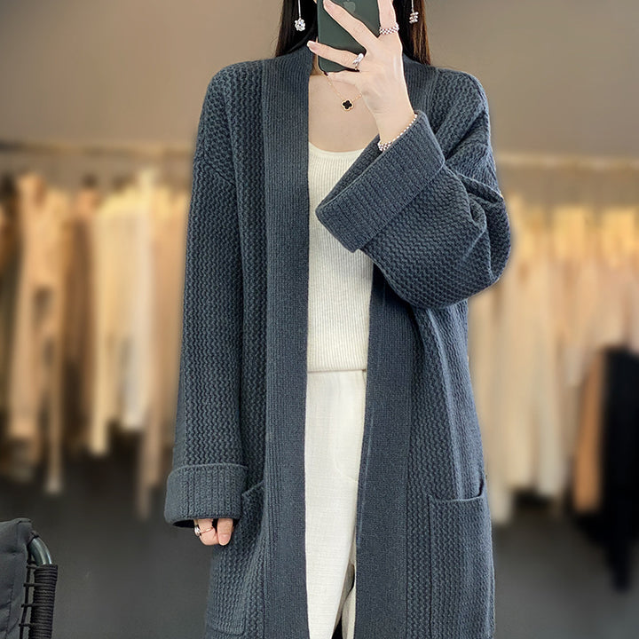 Women Long Oversized Knit Cardigan with Structure Pattern and Insert Pockets Mune Fashion