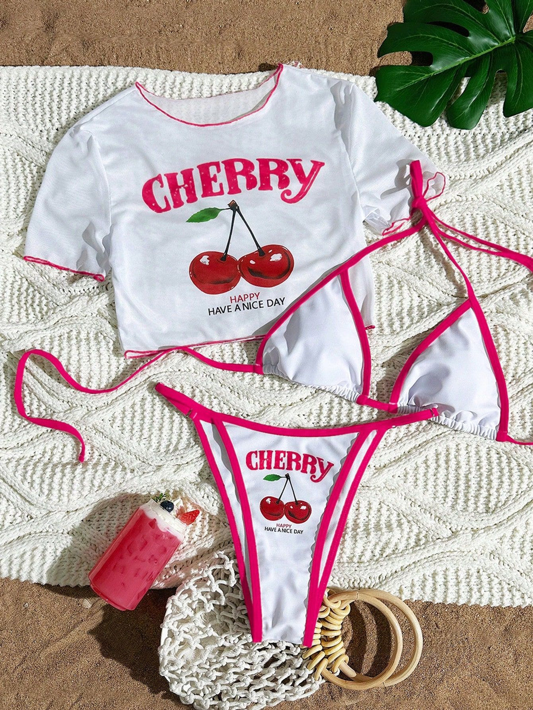 Women's bikini set with trendy cherry motif and casual crop top Mune Fashion
