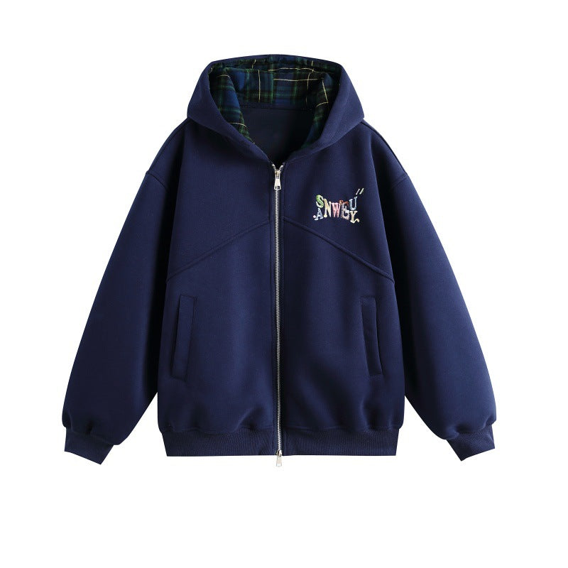 Women's hooded sweatshirt jacket in boxy cut with checked lined hood and subtle embroidery Mune Fashion