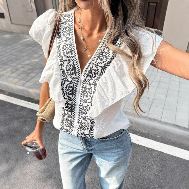 Ladies Embroidered Blouse with V-Neck, Button Placket and Ruffle Sleeves Mune Fashion