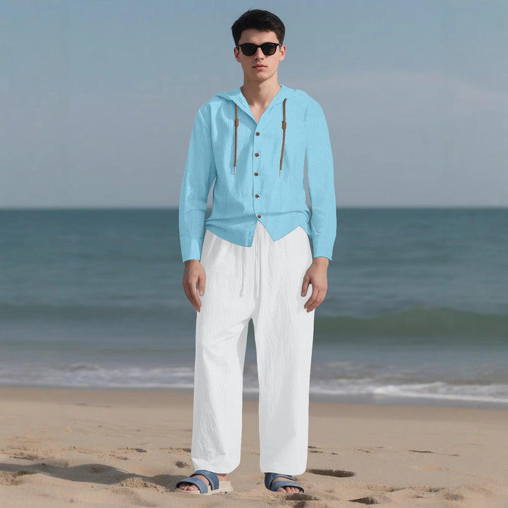 Men's casual hoodie shirt with continuous button placket, decorative drawstring, and relaxed fit Mune Fashion