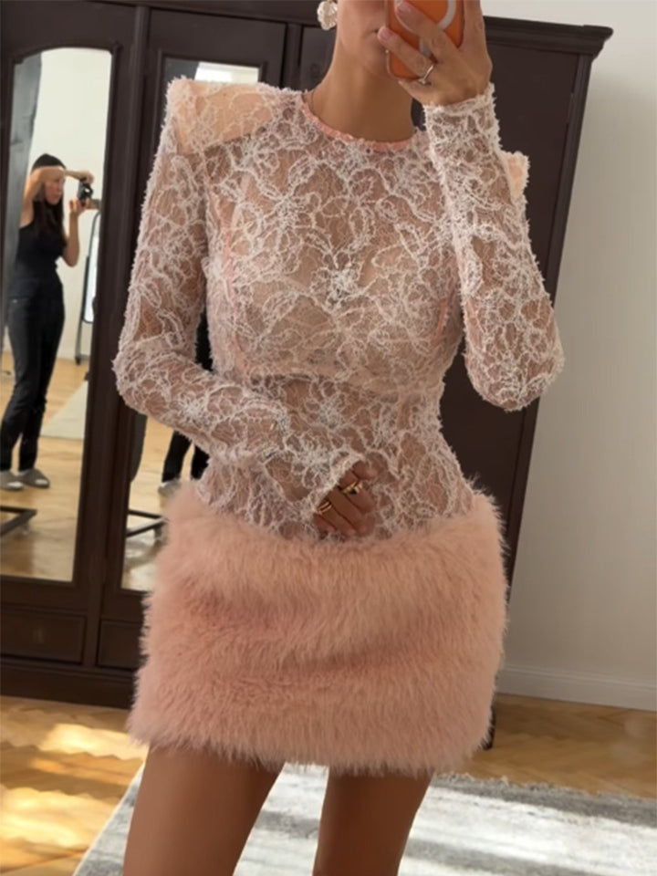 Women's Transparent Lace Bodysuit with Long Sleeve and Plush Mini Dress Set Mune Fashion