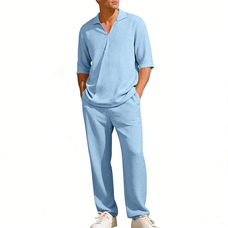 Men's crepe structure leisure set with open lapel collar and straight comfort trousers with side pockets Mune Fashion