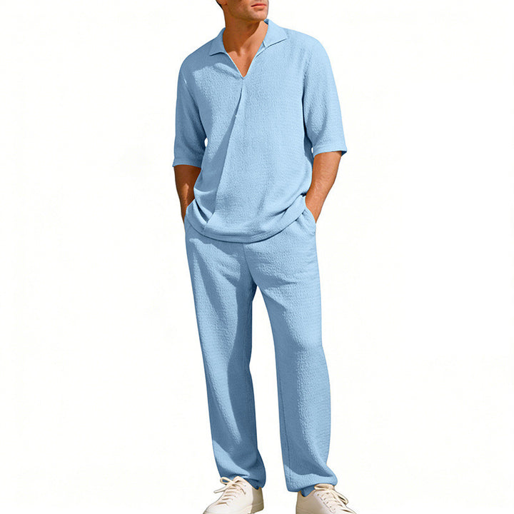 Men's crepe structure leisure set with open lapel collar and straight comfort trousers with side pockets Mune Fashion