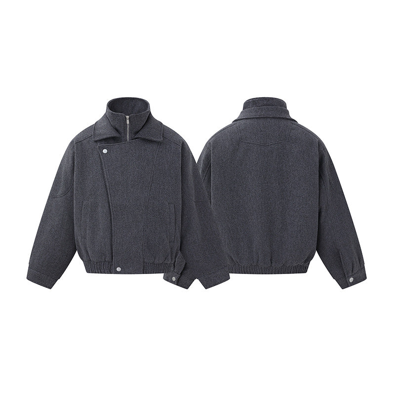 Men's Boxy Wool Blend Blouson Jacket with Asymmetric Double Fastening and High Stand-Up Collar Mune Fashion