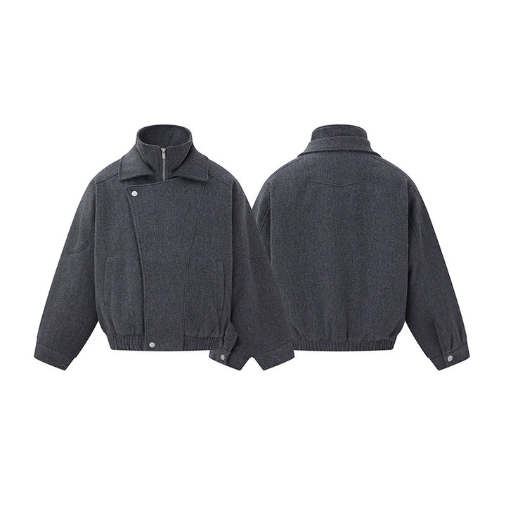 Men's Boxy Wool Blend Blouson Jacket with Asymmetric Double Fastening and High Stand-Up Collar Mune Fashion
