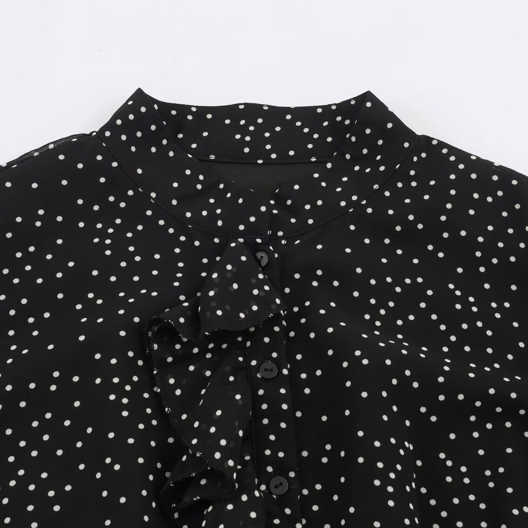Women’s midi dress with ruffled front, stand-up collar and flared A-line skirt Mune Fashion