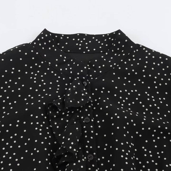 Women’s midi dress with ruffled front, stand-up collar and flared A-line skirt Mune Fashion
