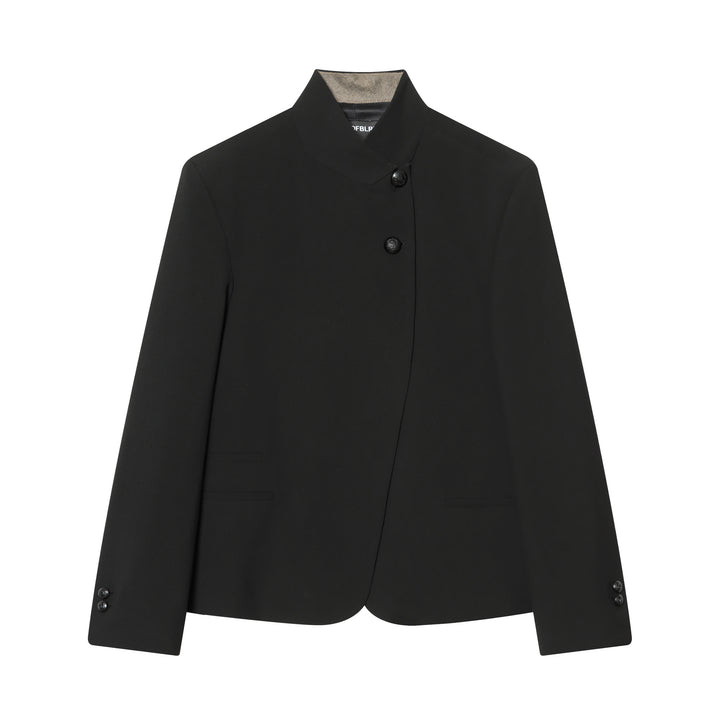 Women's tailored stand collar blazer with hidden asymmetrical front and decorative buttons Mune Fashion