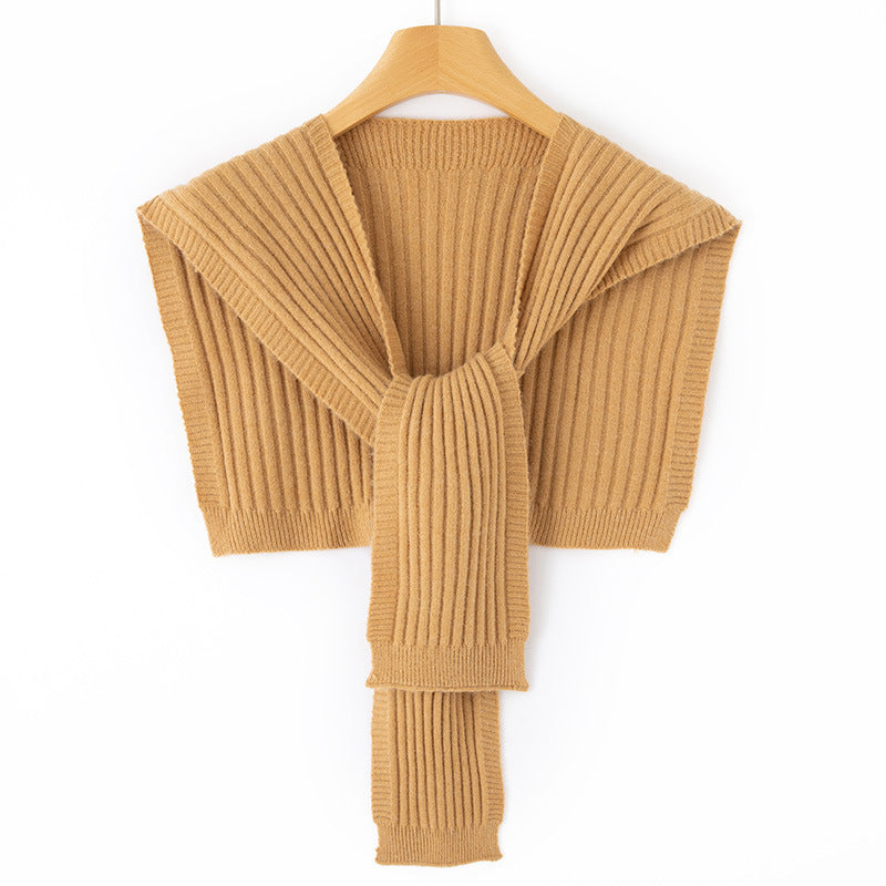 Women's Short Ribbed Knit Shoulder Warmer with Integrated Scarf Mune Fashion