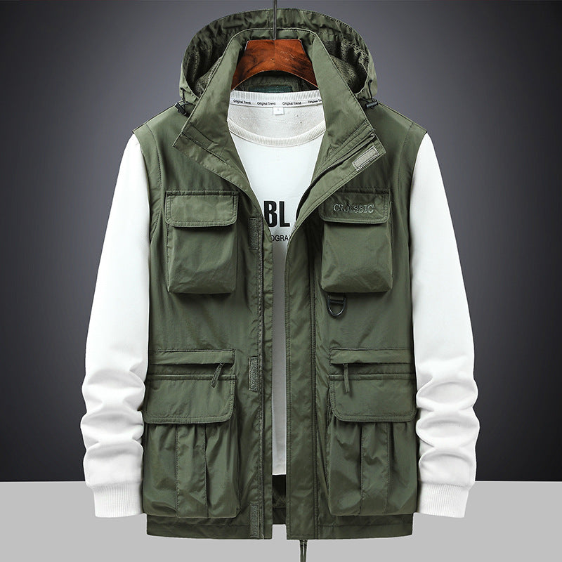 Men's multifunctional field jacket with hood and numerous pockets