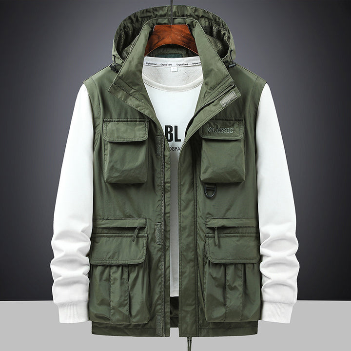 Men's multifunctional field jacket with hood and numerous pockets