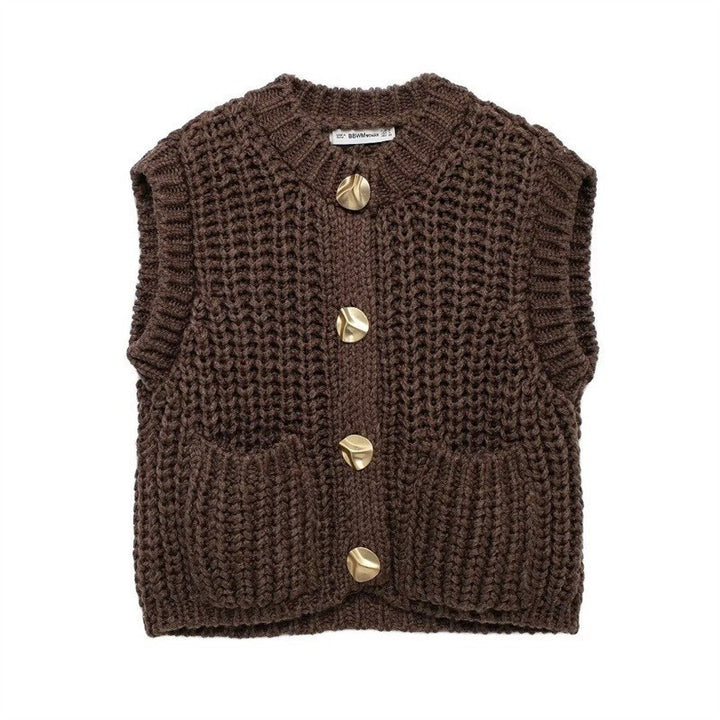 Women's chunky knit wool boxy vest with decorative buttons and side pockets Mune Fashion
