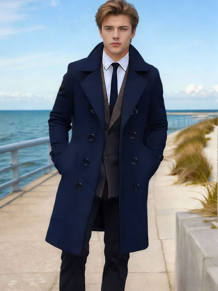 Men's Elegant Single-Breasted Long Coat Made of Wool Blend with Slim Silhouette and Lapel Collar Mune Fashion