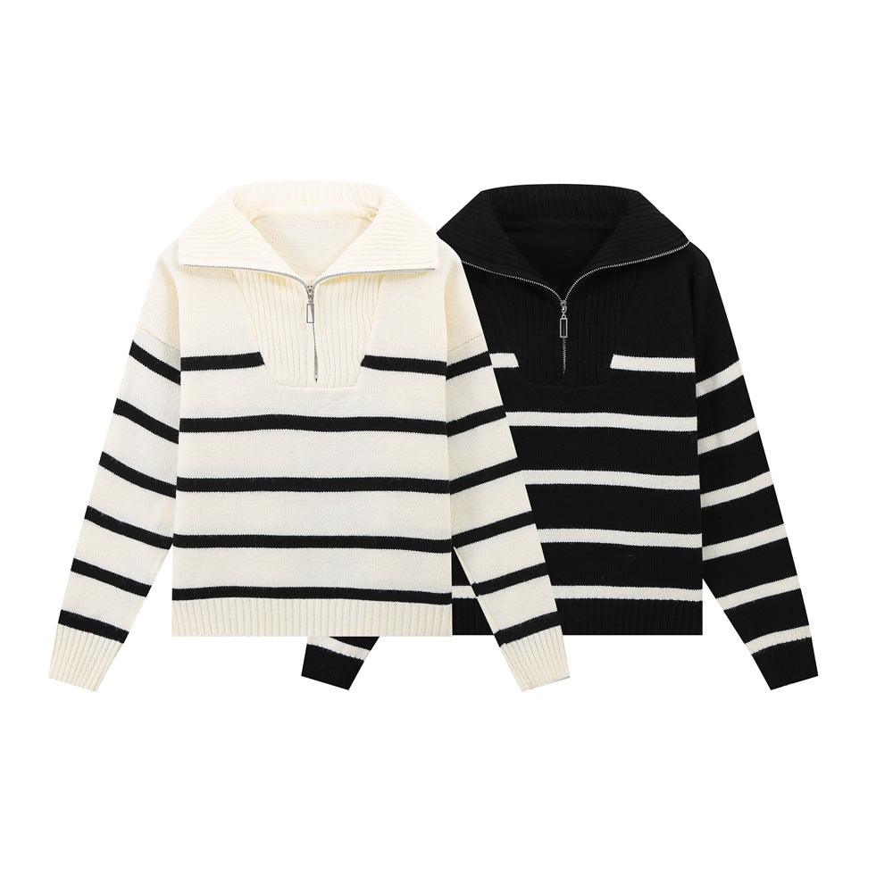 Women's Striped Turtleneck Sweater with Half Zipper and Foldable Collar Mune Fashion