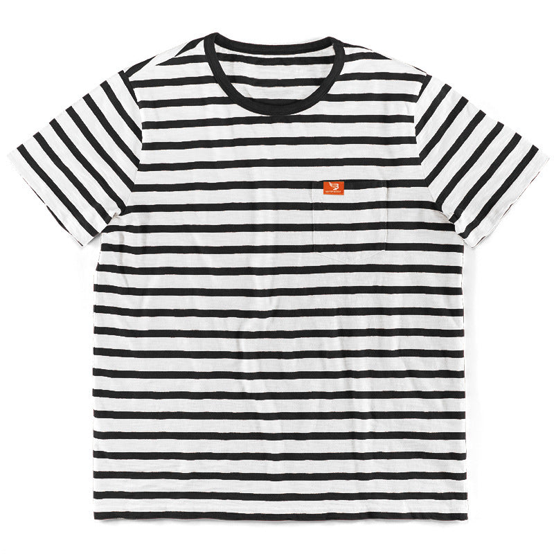 Men's striped short-sleeve T-shirt made of cotton jersey with chest pocket and contrasting round neckline Mune Fashion