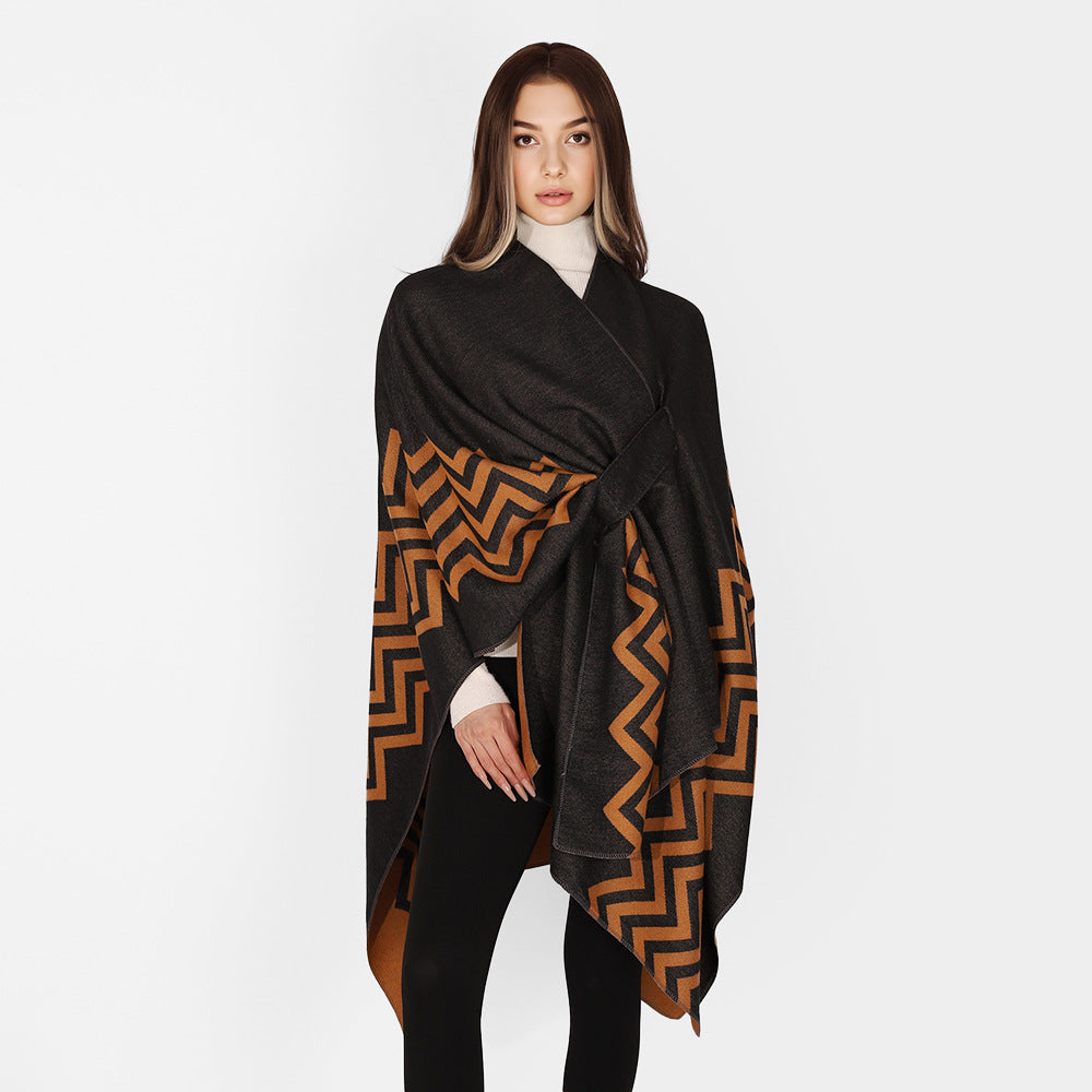 Women's Oversize Rectangle Cape with Jacquard Zigzag Pattern and Ties Belt Mune Fashion