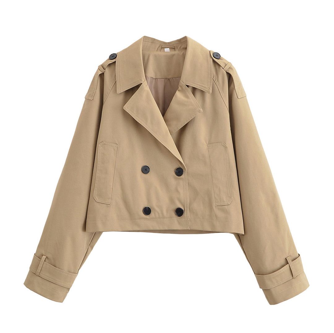 Women's Cropped Trench Coat with Double-Breasted Button Placket and Epaulettes Mune Fashion