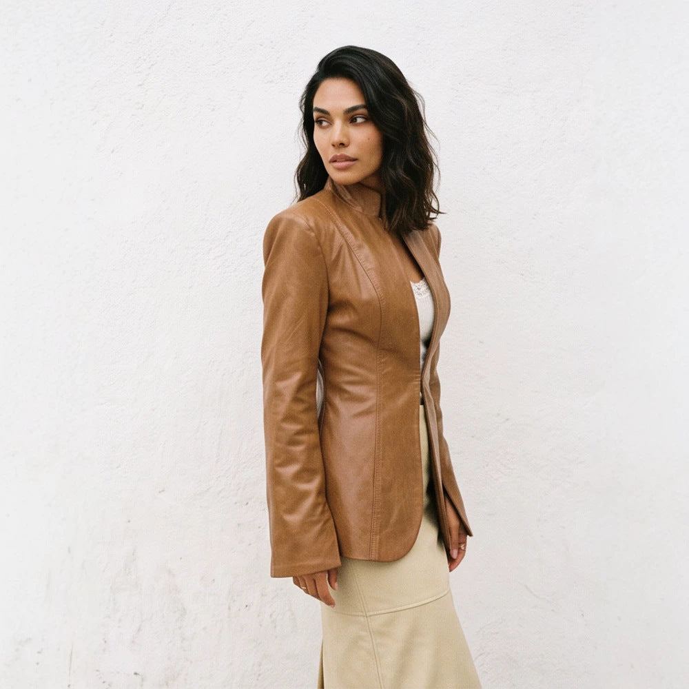 Women's tailored vegan leather blazer with sculpted seams and stand-up collar Mune Fashion