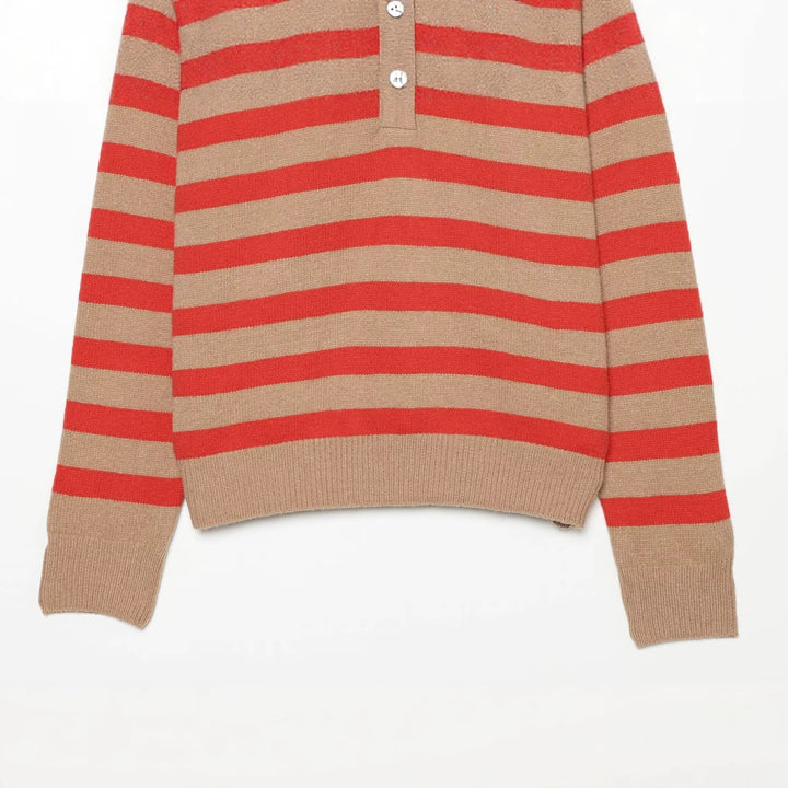 Women's Striped Knitted Sweater with Henley Button Placket Mune Fashion