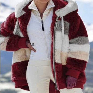Women's oversized faux fur patchwork hooded jacket with ribbed cuffs and two-way zip Mune Fashion