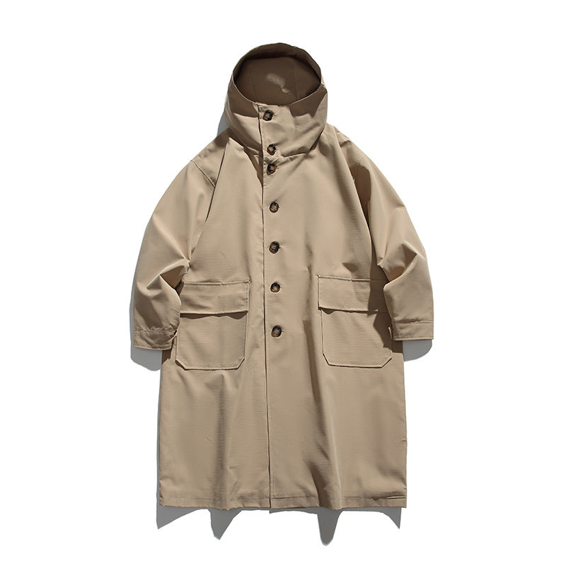Unisex Longer Hooded Coat in Boxy Cut with Concealed Button Placket and Large Flap Pockets Mune Fashion