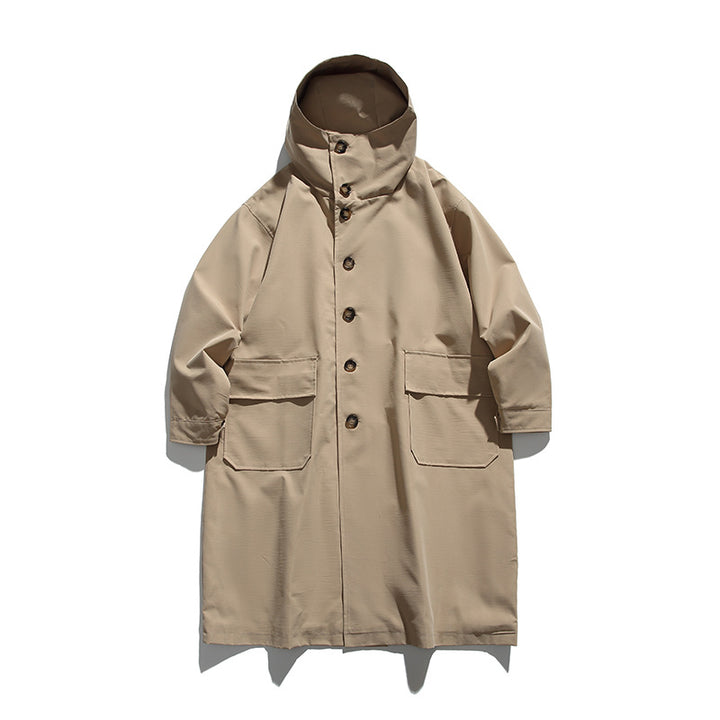 Unisex Longer Hooded Coat in Boxy Cut with Concealed Button Placket and Large Flap Pockets Mune Fashion