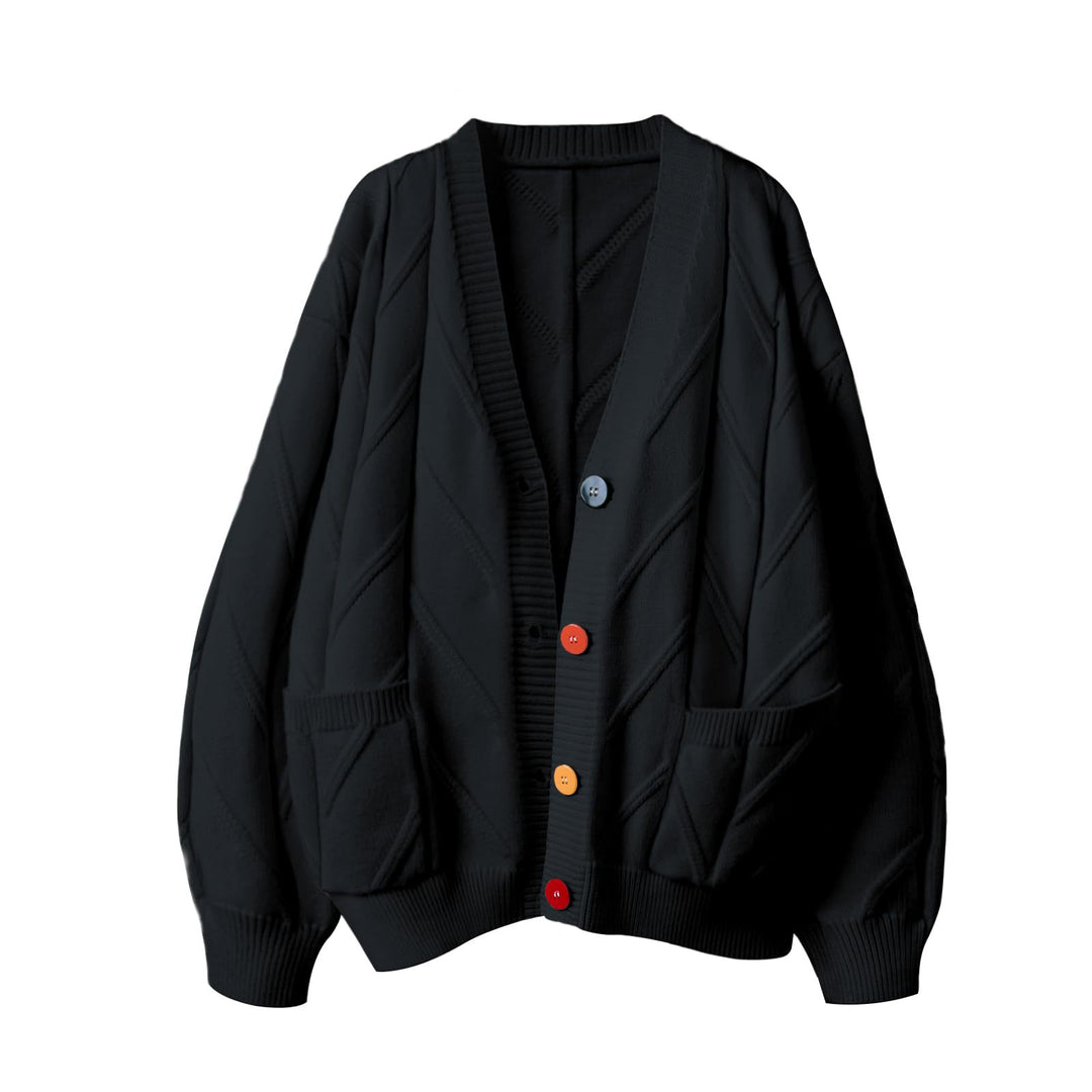 Women's Stylish Knitted Cardigan with Colorful Buttons and Elaborate Design
