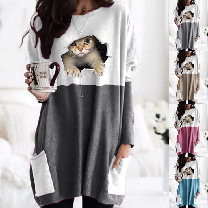 Women Longer Colorblock Knit Sweater with Cat Motif and Patch Pockets Mune Fashion