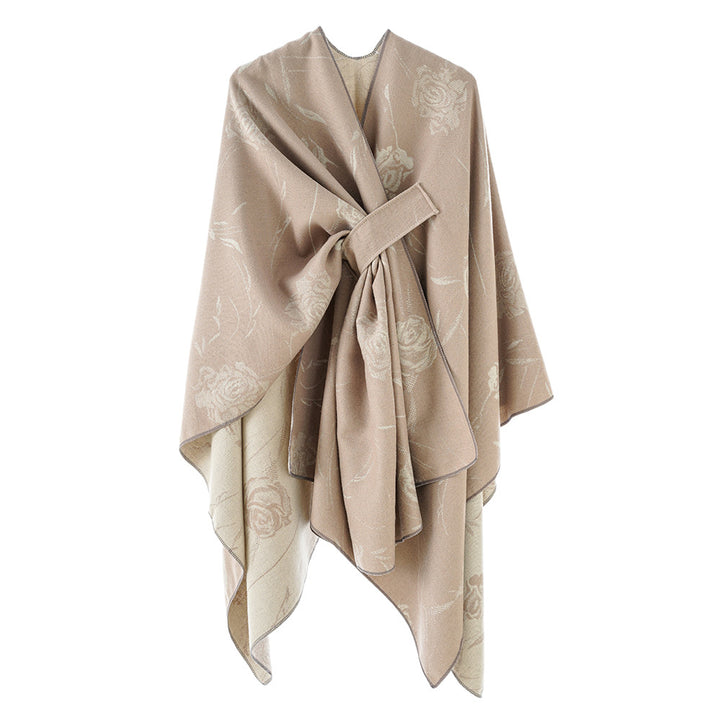 Ladies Reversible Jacquard Wrap with Rose Pattern and Tying Belt Mune Fashion