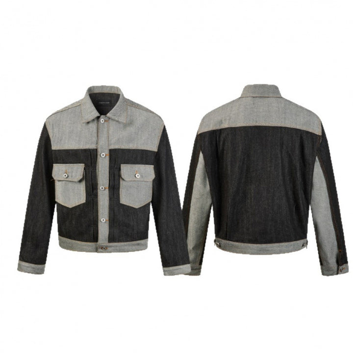 Men's cropped patchwork denim jacket with flap pockets and constructive seam guidance Mune Fashion