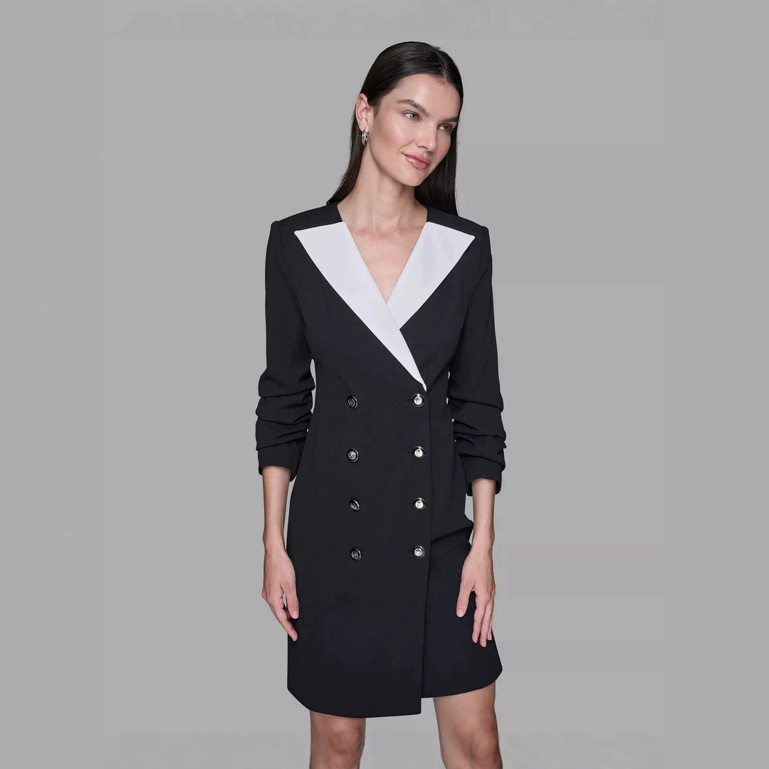 Ladies Double-Breasted Blazer Dress with Contrasting Shawl Collar Mune Fashion