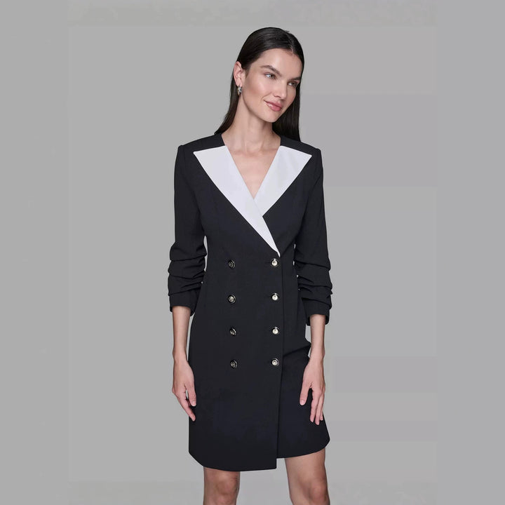 Ladies Double-Breasted Blazer Dress with Contrasting Shawl Collar Mune Fashion