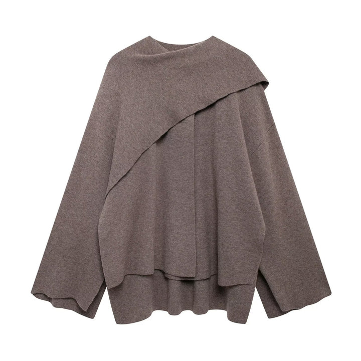 Ladies two-layer knit poncho with asymmetric hem and decorative button collar Mune Fashion
