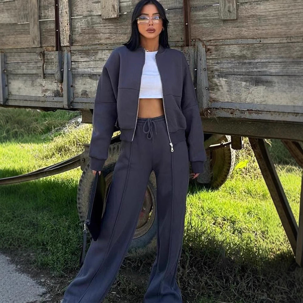 Women's oversized zip-up jacket with wide high-waist lounge pants set Mune Fashion