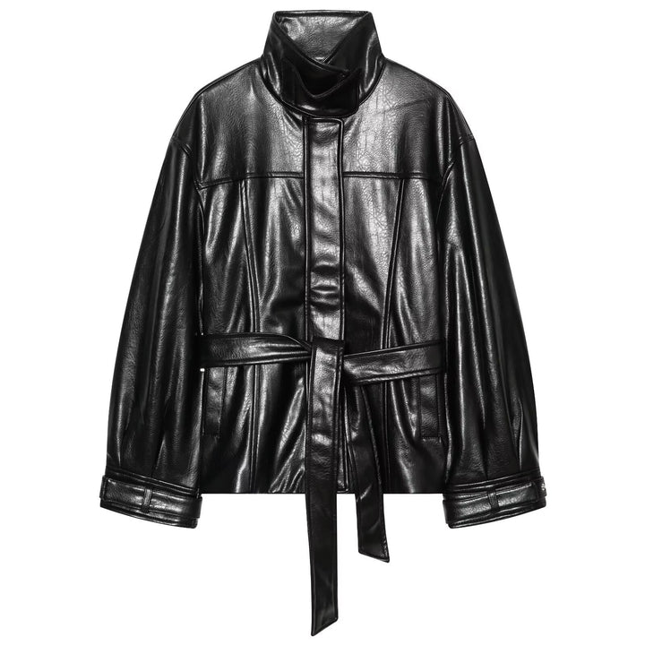 Women's Short Oversized Faux Leather Trench with High Stand Collar and Waist Belt Drune