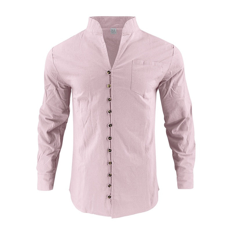Men's shirt with stand-up collar and asymmetrical button placket made of linen mix Mune Fashion