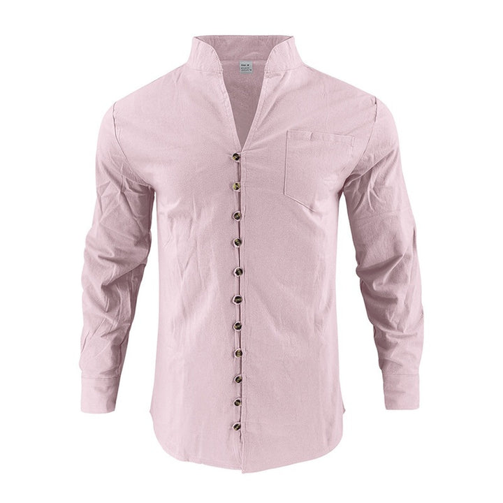 Men's shirt with stand-up collar and asymmetrical button placket made of linen mix Mune Fashion