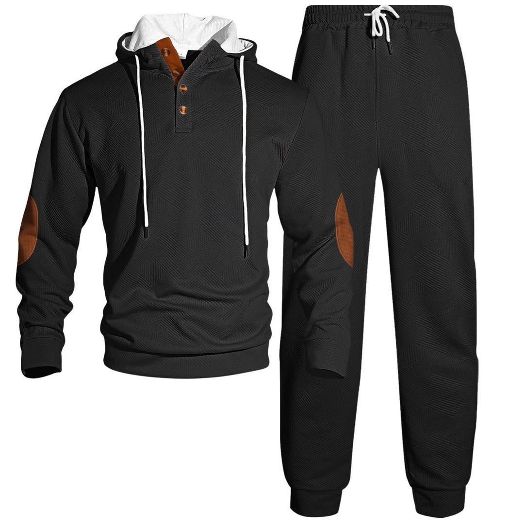 Men's waffle structure Henley hoodie set with wooden button placket elbow patches and tapered joggers Mune Fashion