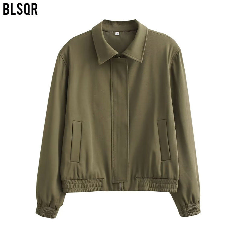 Women Minimalistic Harrington Bomber Jacket with Concealed Front Placket and Gathered Hem Mune Fashion