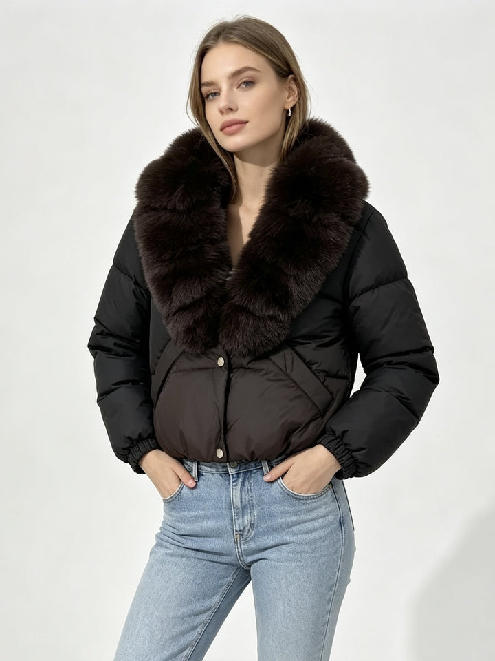Women's cropped padded jacket with extra voluminous faux fur shawl collar and elastic cuffs Mune Fashion