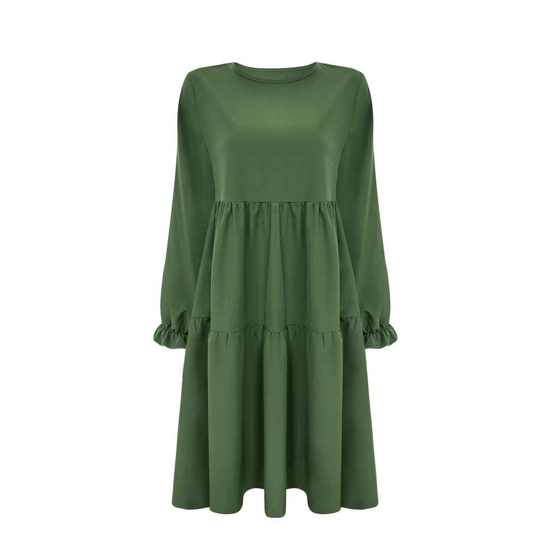 Women Loose Midi Dress in Tiered Look with Gathered Waist Yoke and Ruffle Cuffs Mune Fashion