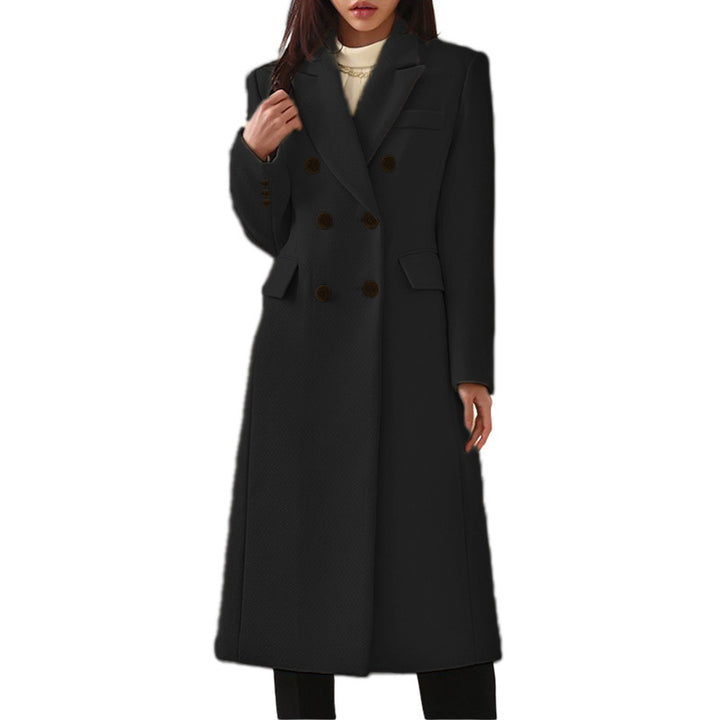 Women's longer double-breasted wool blend coat with lapel collar and patch pockets Mune Fashion