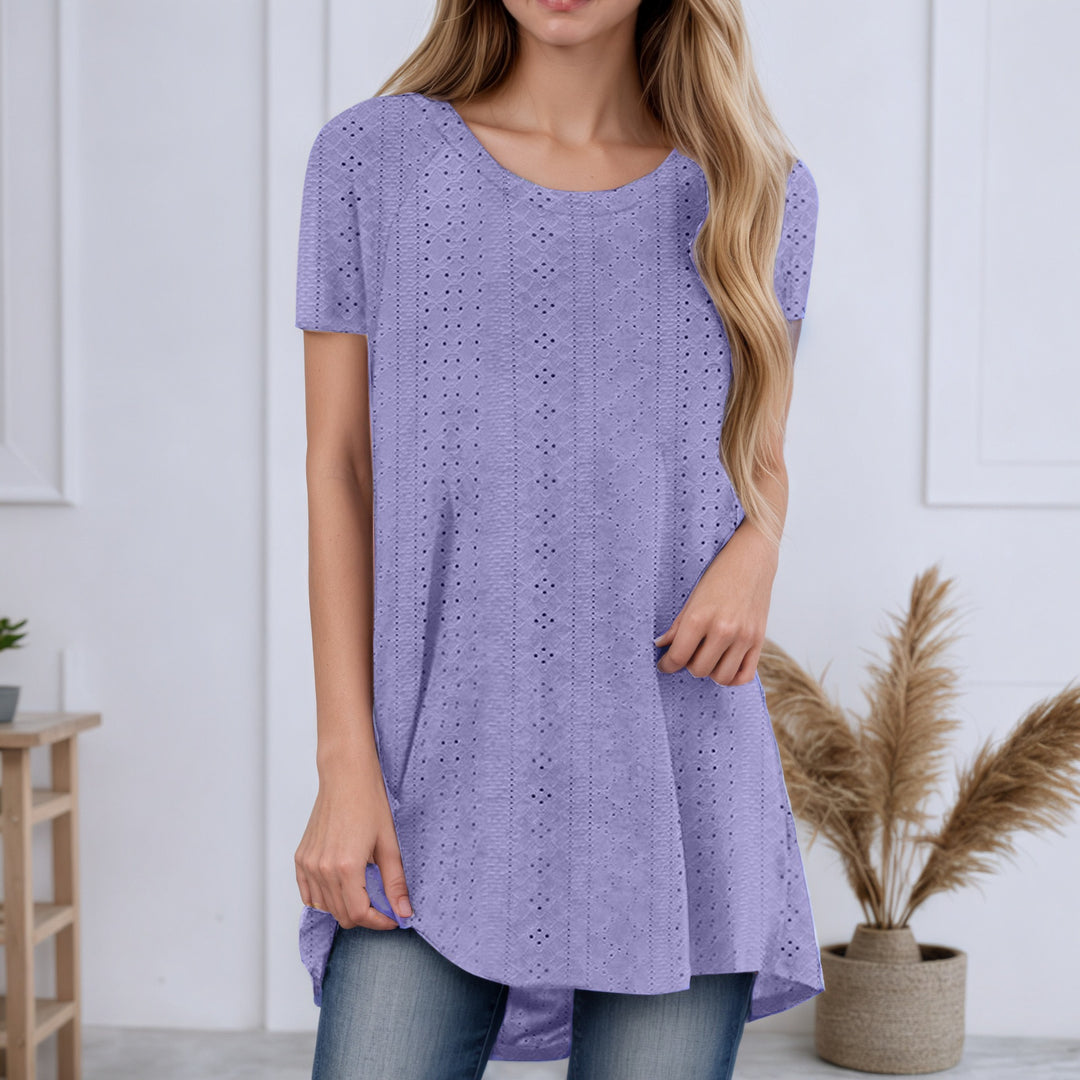 Women's loosely cut broderie anglaise tunic with round neckline, side slits, and rounded hem Mune Fashion