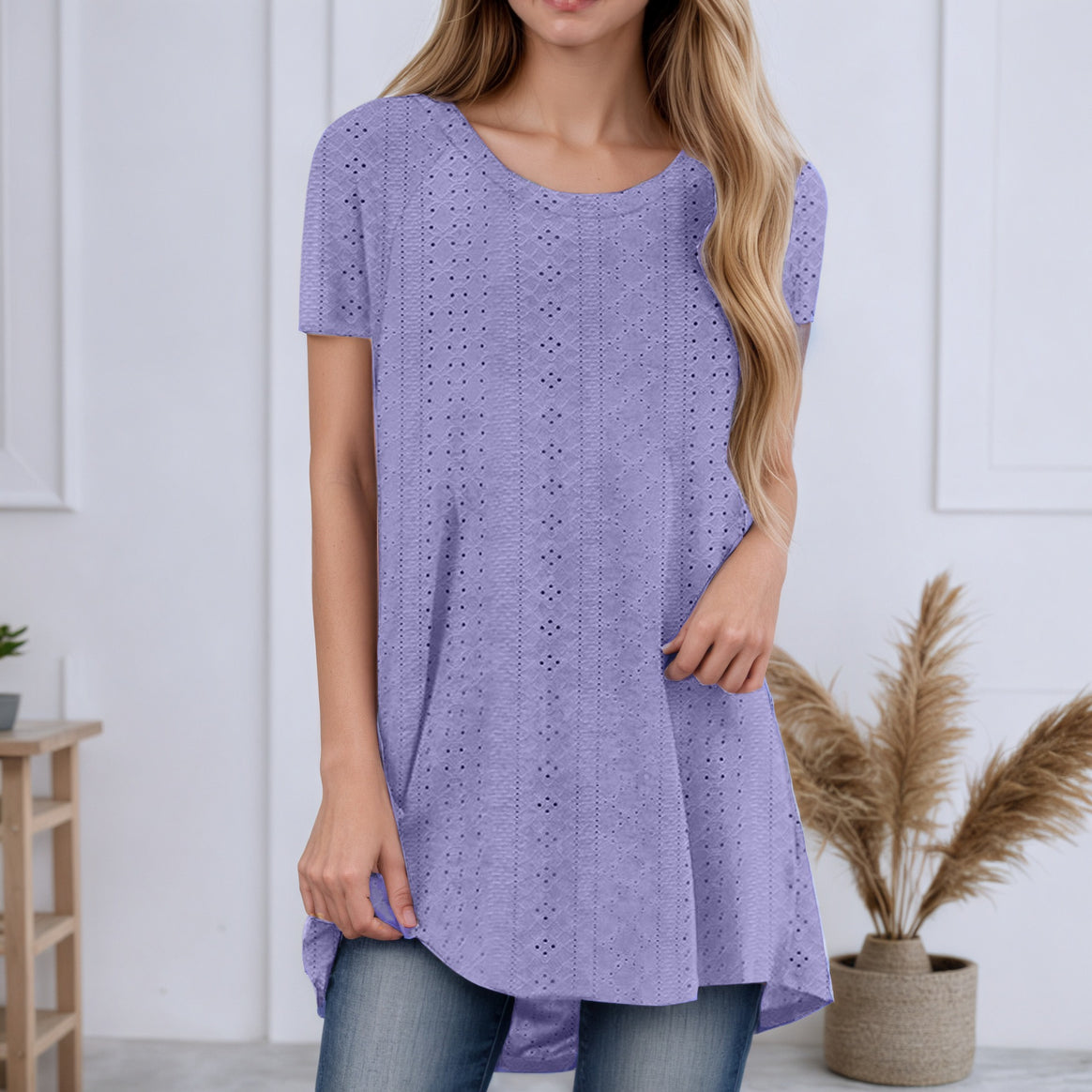 Women's loosely cut broderie anglaise tunic with round neckline, side slits, and rounded hem Mune Fashion
