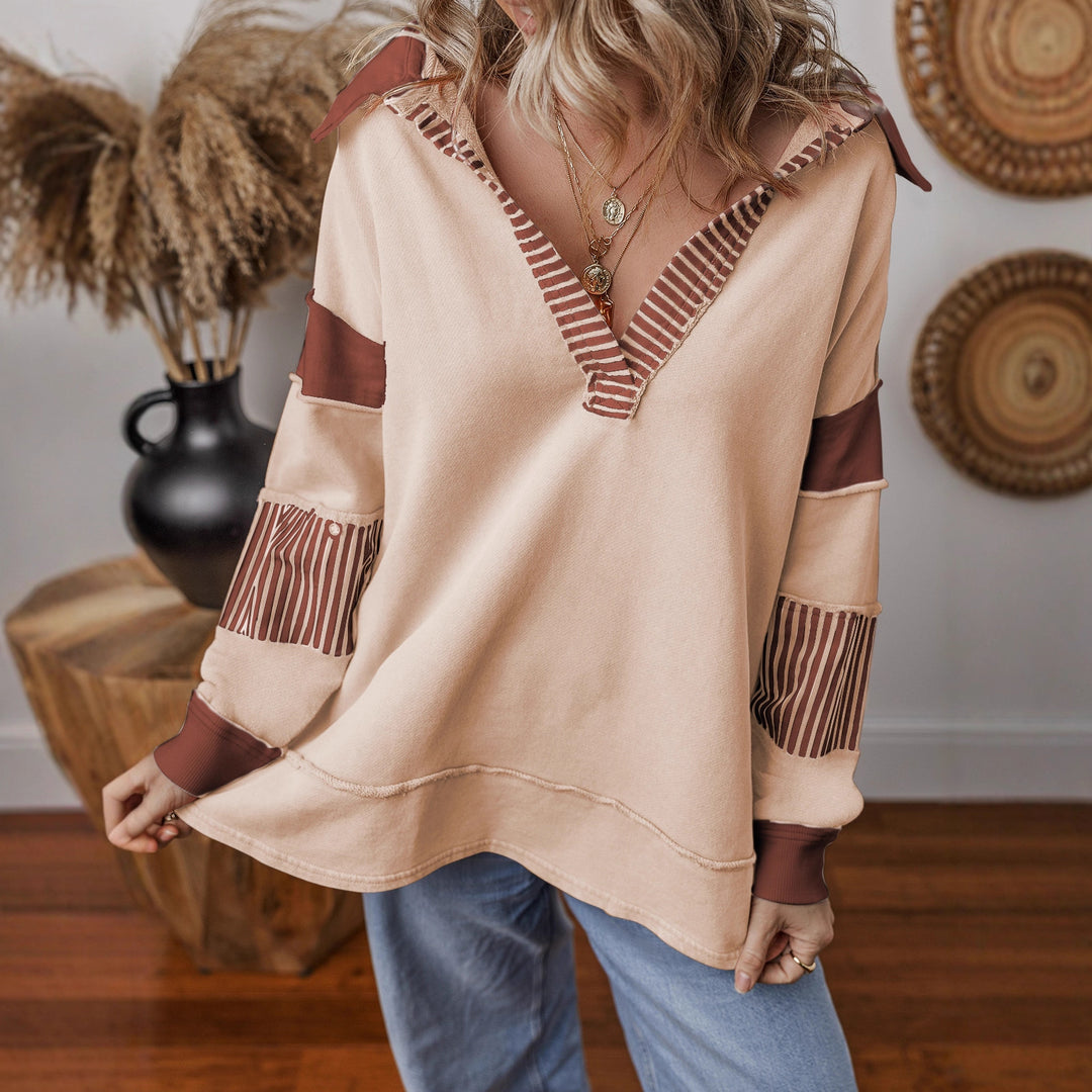 Women Oversize Sweatshirt with V-neck, striped sleeve inserts and contrast details Mune Fashion