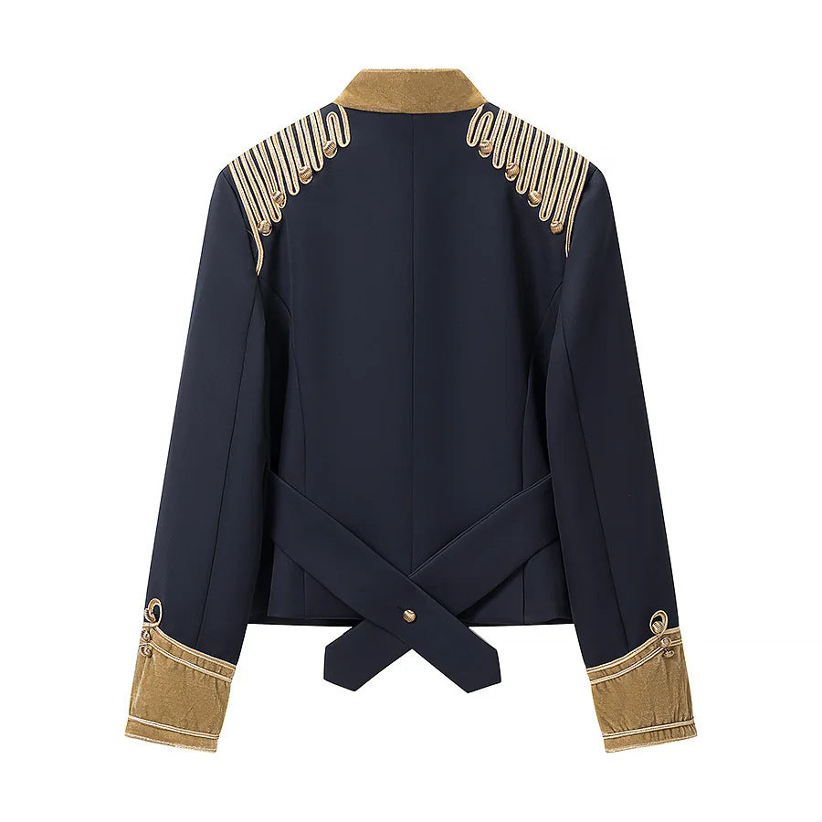 Ladies military parade jacket with gold-embellished braids, stand-up collar and velvet cuffs Mune Fashion
