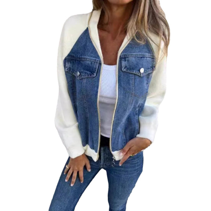 Women's Sweat-Jeans-Bomber Jacket with Raglan Sleeves, Breast Pockets, and Zipper Mune Fashion