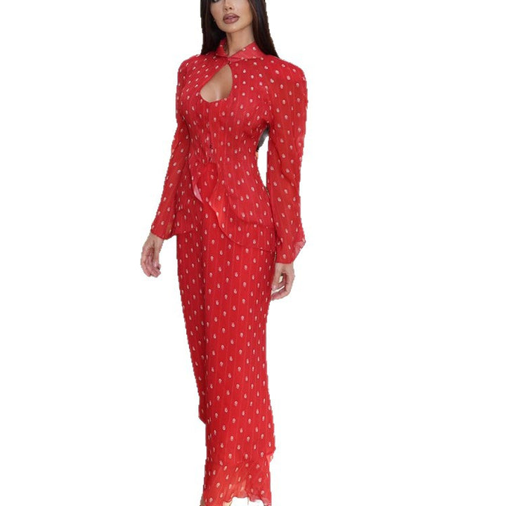Women's Tailored Midi Dress with Keyhole Neckline, Peplum and Long Puff Sleeves Mune Fashion